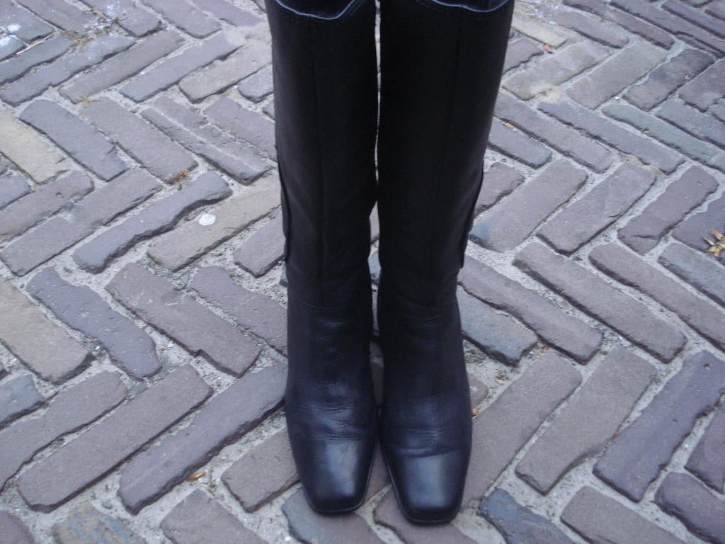 Bottes à talons carrés vintage en cuir noi livraison gratuit, Vintage Dressing 38, Comme neuf, Bottes hautes, Noir