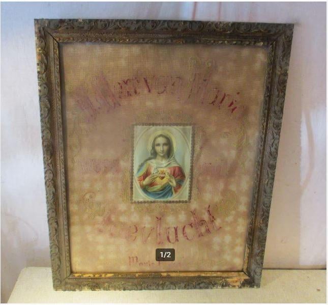 Antieke Prent - Maagd Maria - in fotolijst - 67x54, Antiek en Kunst, Ophalen of Verzenden