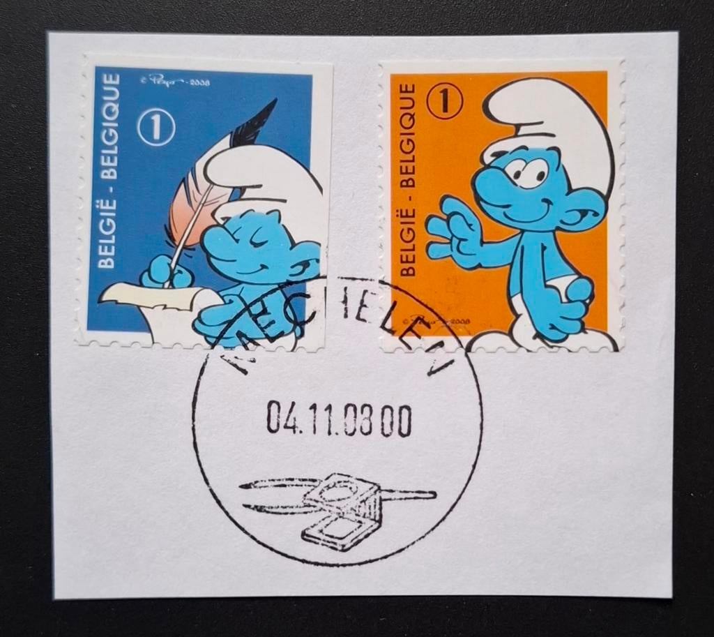 Belgique : COB 3814-18 (●) Schtroumpfs 2008., Timbres & Monnaies, Enlèvement ou Envoi, Affranchi, Timbre-poste, Avec timbre