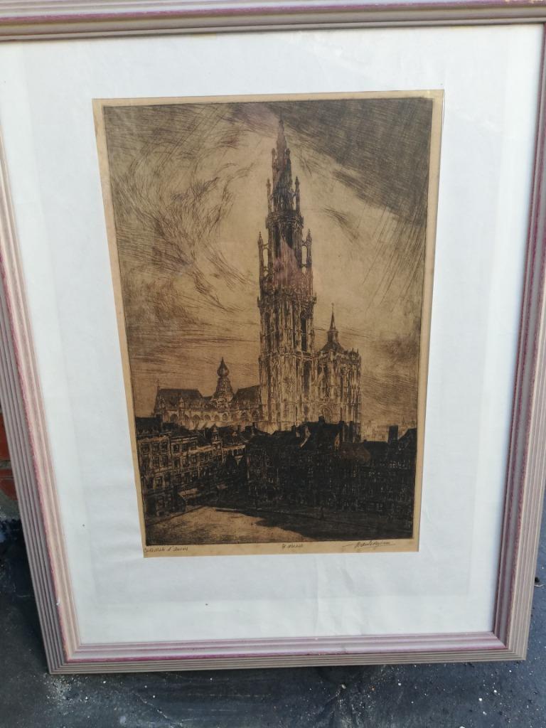 Ets: kathedraal van Antwerpen, épreuve d'artiste, Antiek en Kunst, Ophalen of Verzenden