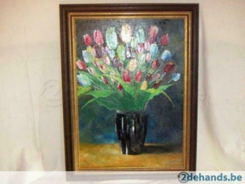 schilderij op hardboard, zwarte vaas met tulpen 62.5cm B x 8, Antiek en Kunst, Ophalen