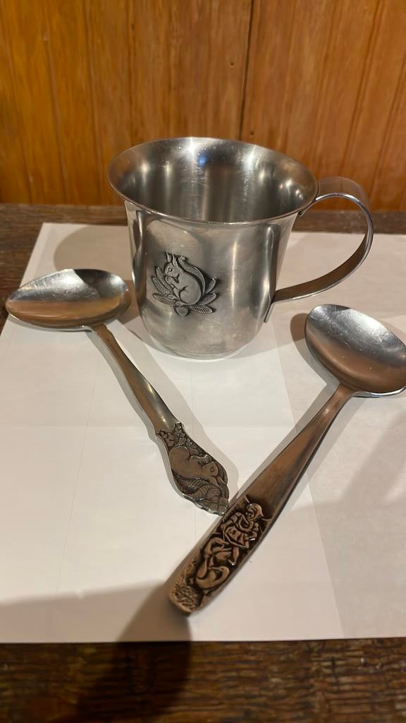 Inox baby lepel en bekertje, Antiek en Kunst, Ophalen of Verzenden