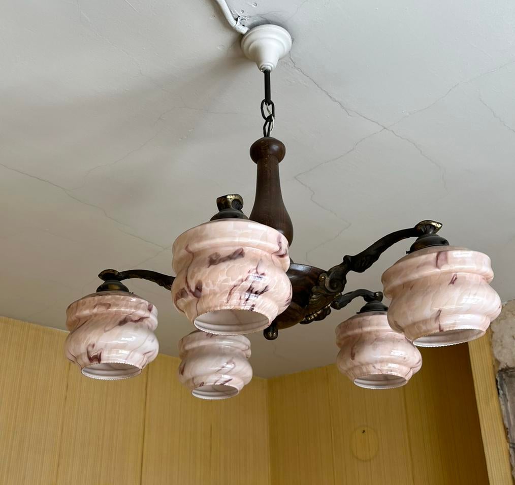 Antieke plafond lamp - art deco gemarmerd roze opaline, Ophalen of Verzenden, Zo goed als nieuw, Glas, Art deco
