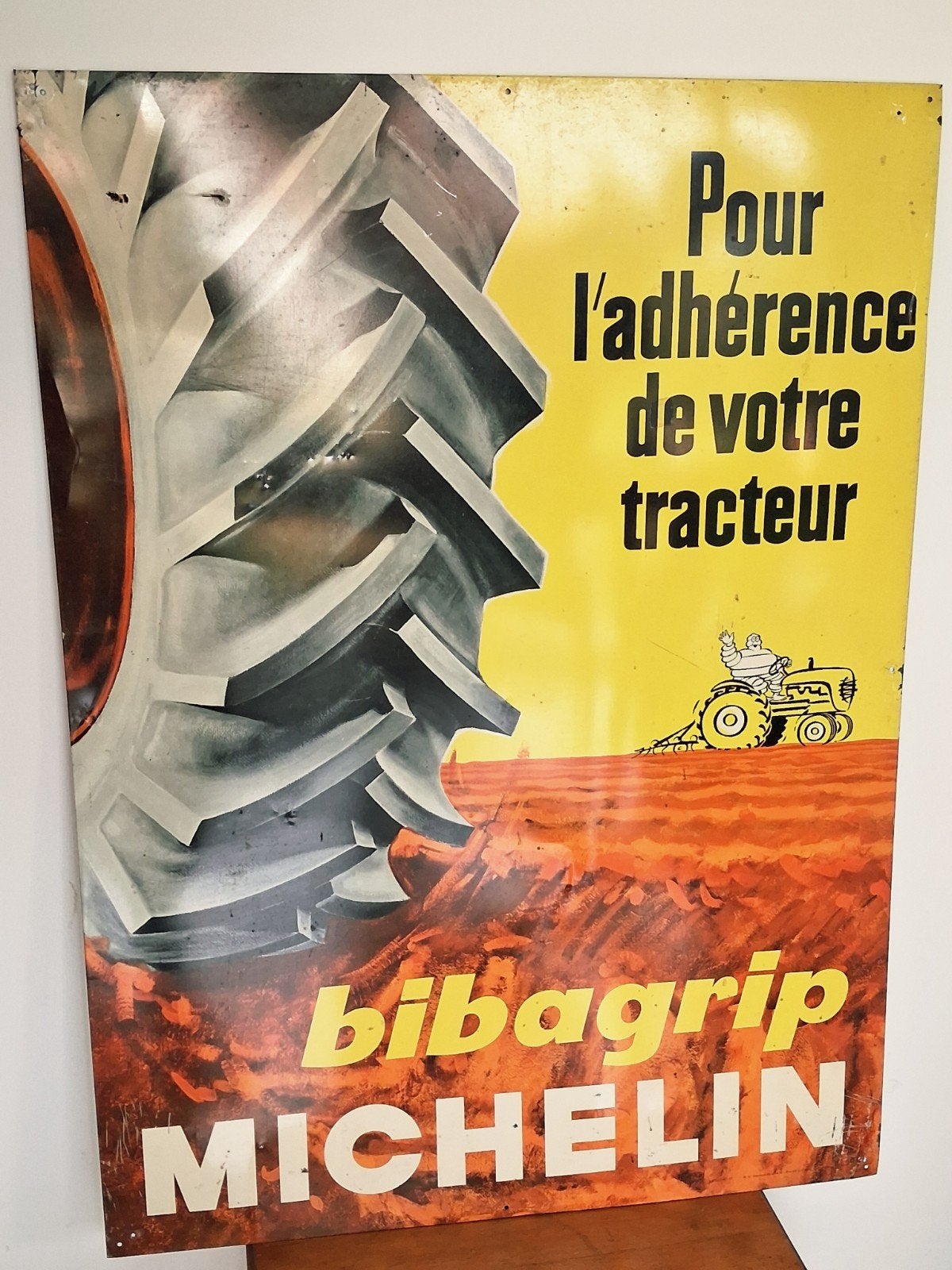 panneau d'affichage en métal Michelin Bibagrip ca 1960, Enlèvement ou Envoi, Utilisé, Panneau publicitaire