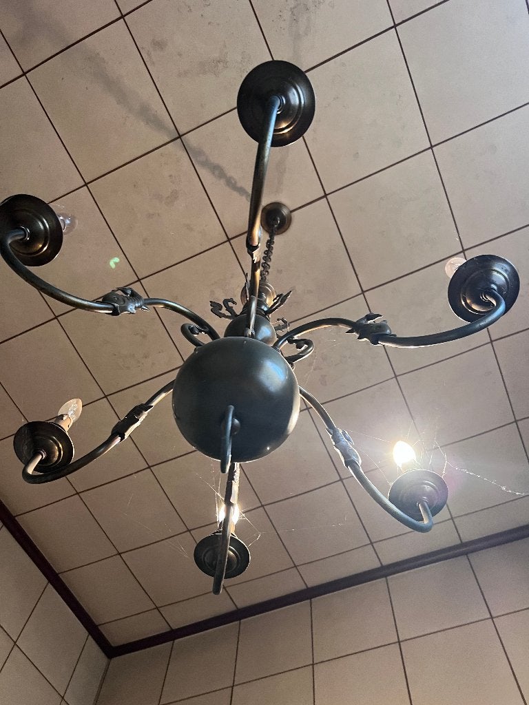 Vlaamse smeedijzeren kroonluchter met 6 lichtpunten, Ophalen, Metaal
