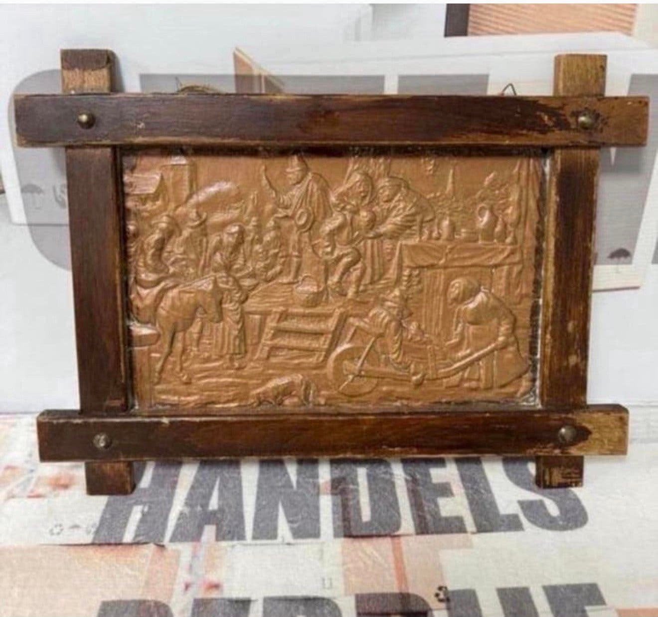 Antiek 1920-1930 ingelijst koperen reliëf kunst boerderij, Ophalen of Verzenden
