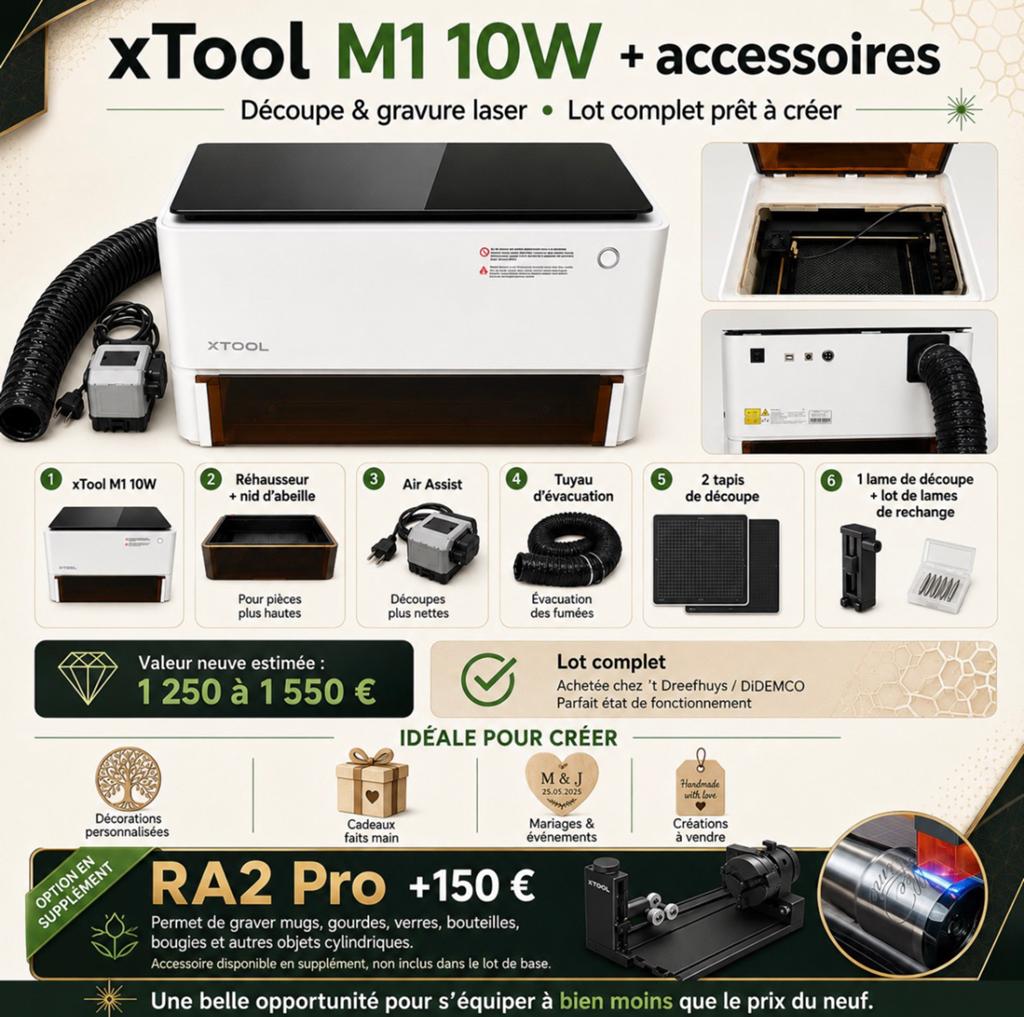 xTool M1 10W complète – Découpe & gravure laser + acc, Enlèvement ou Envoi, Comme neuf, Noël