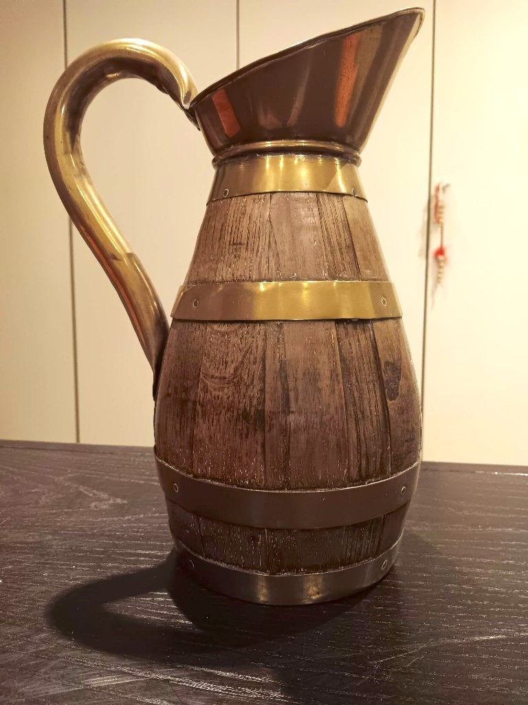Antieke houten kruik met koperen banden., Ophalen of Verzenden
