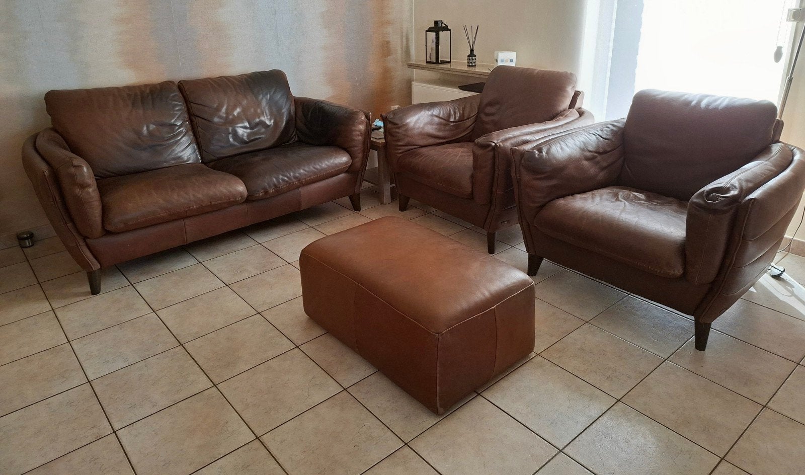 Lederen salon Natuzzi bruin - 3-zit, 2 fauteuils, poef, Enlèvement, Cuir