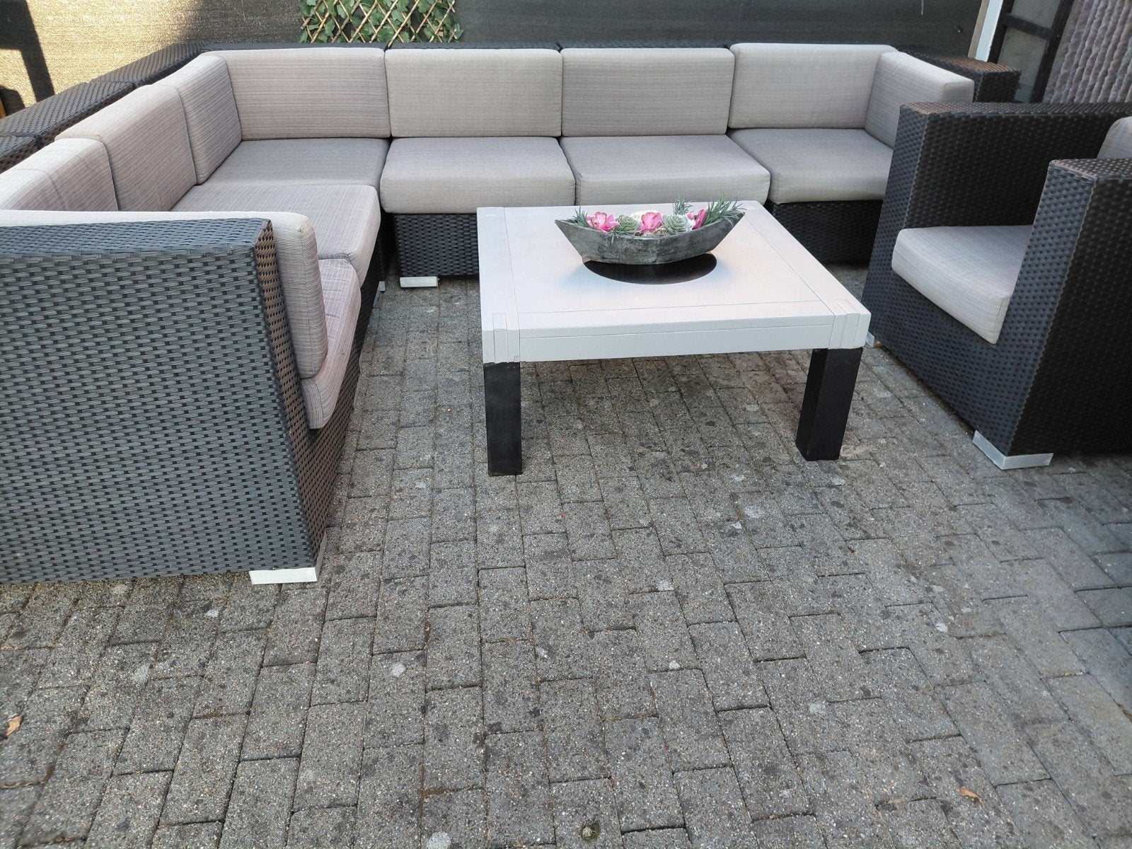 Super  grote  loungset   met eiken tafel gratis bloemstuk, Ophalen, Stoel, Loungeset