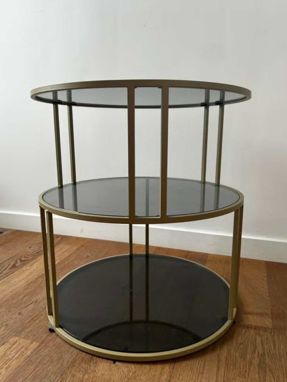 Ronde bijzettafel - goudkleurig met zwart glas, Ophalen, Zo goed als nieuw, Rond, Glas