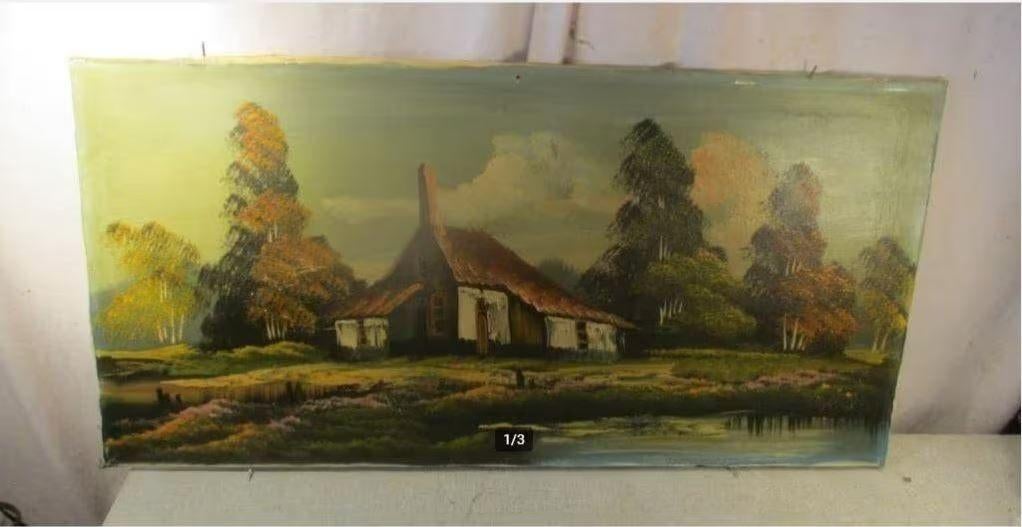 Mooi Oud Geschilderd Werk 'Hoeve en Vijver' - Ray, Ophalen of Verzenden