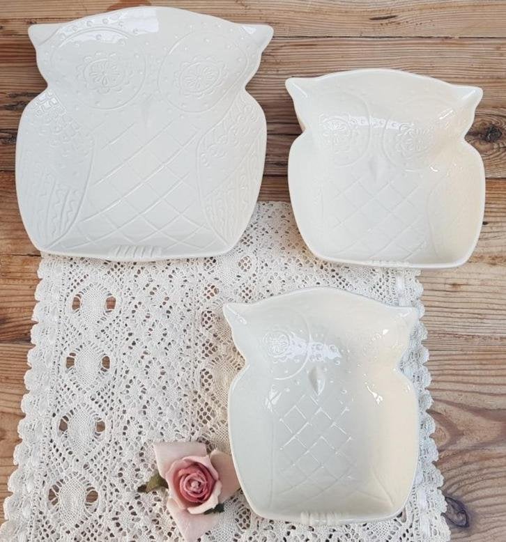 Set creme aardewerk uilen schalen, Vroom & Dreesman, V&D, -, -, Ophalen of Verzenden, Effen