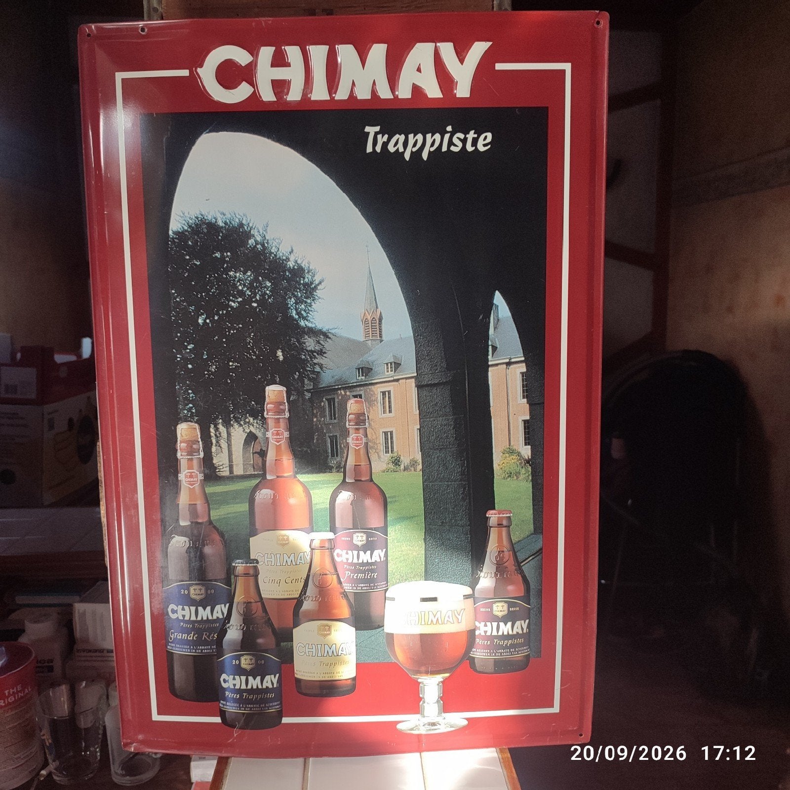 Plaque en métal TRAPPISTES CHIMAY des années 2000 ., Enlèvement, Utilisé, Panneau, Plaque ou Plaquette publicitaire, Autres marques
