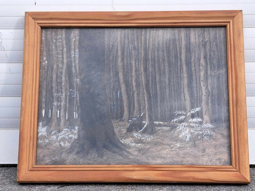 technique mixte sous bois signe alfred bastien, Antiek en Kunst, Kunst | Tekeningen en Fotografie, Ophalen of Verzenden