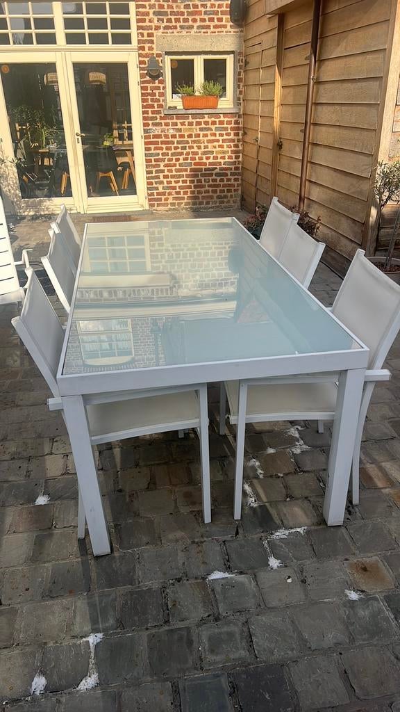 Witte aluminium tuintafel met gezandstraald glas, Tuin en Terras, Ophalen, Zo goed als nieuw, Aluminium, Stoel