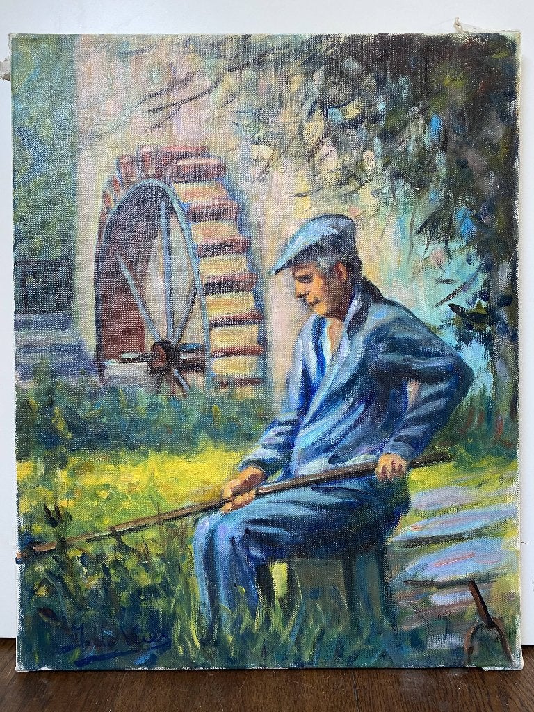 Jacob de Vries - Grimbergen hengelaar (olie op doek), Ophalen, Doek, Portret of Personen, Olieverf