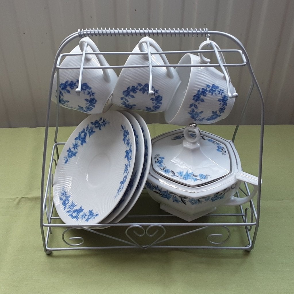 SET 3 porseleinen koffiekopjes + suikerpot + metalen houder, Enlèvement ou Envoi, Porcelaine, Tasse(s) et/ou soucoupe(s)