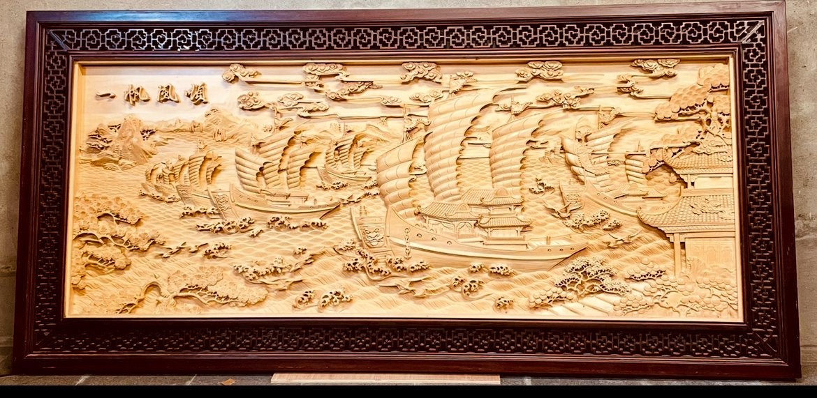 MonumentaalChinees  3D Houtsnijwerk Paneel (210 x 102 cm), Antiek en Kunst, Ophalen