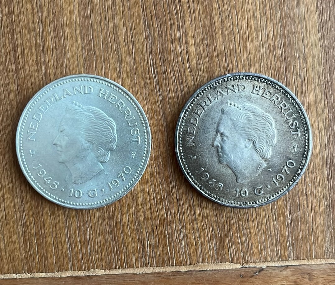 2 pièces en argent 10 gulden Pays-Bas 1970, Timbres & Monnaies, Enlèvement ou Envoi, 10 florins, Argent