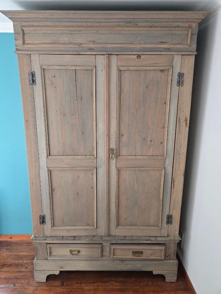 Antieke Grenen Kleerkast, Huis en Inrichting, Kasten | Kleerkasten, Gebruikt, 150 tot 200 cm, 100 tot 150 cm, 25 tot 50 cm, Met lade(s)