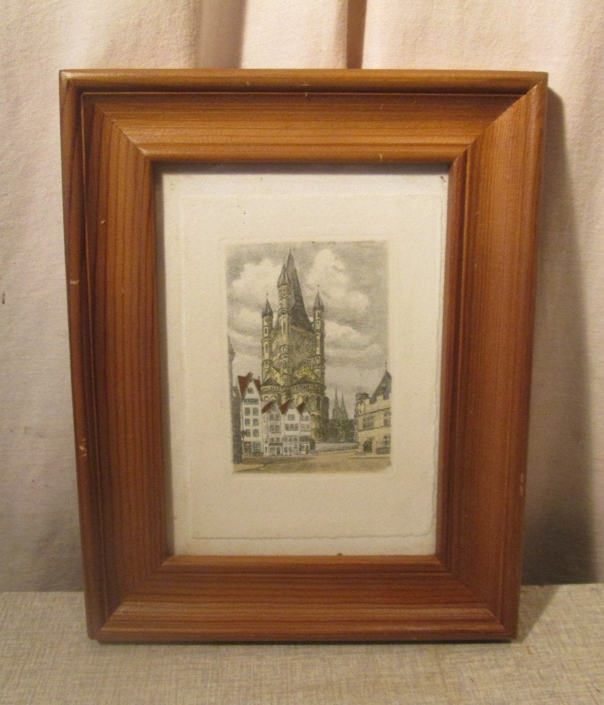Mooi Oude Gekleurde Ets 'Kathedraal en Plein' - 24x19, Ophalen of Verzenden, Stadsgezicht, Ets, Gesigneerd