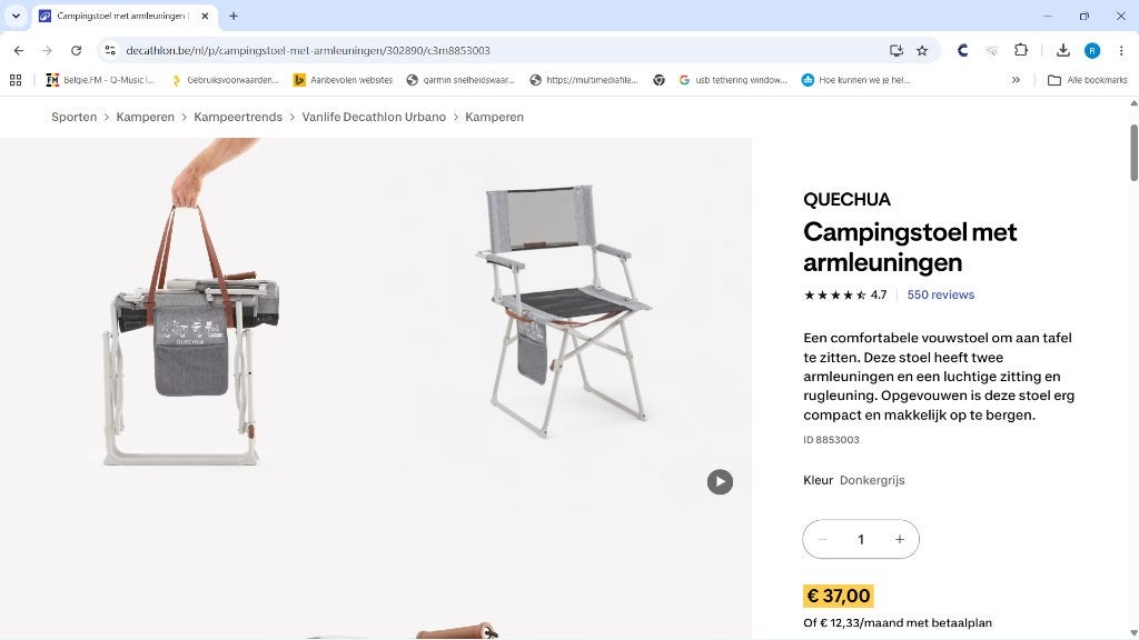 twee vouwstoelen type Decathlon, Ophalen, Zo goed als nieuw, Campingstoel