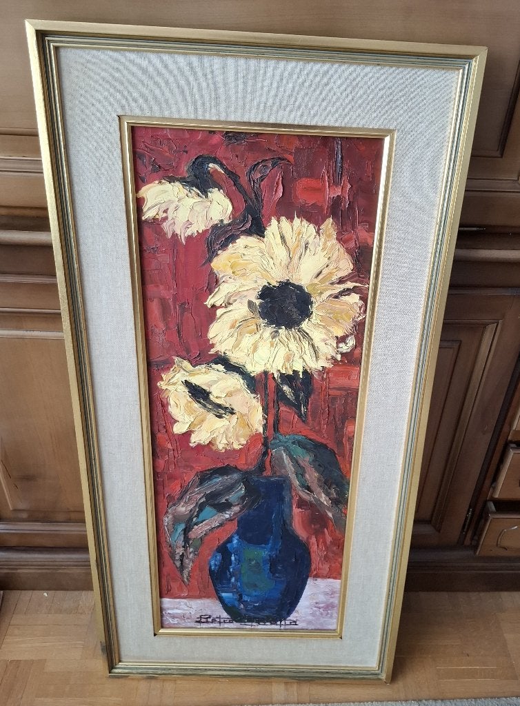 vintage olieverfschilderij van zonnebloemen, Ophalen, Doek, Stilleven, Olieverf