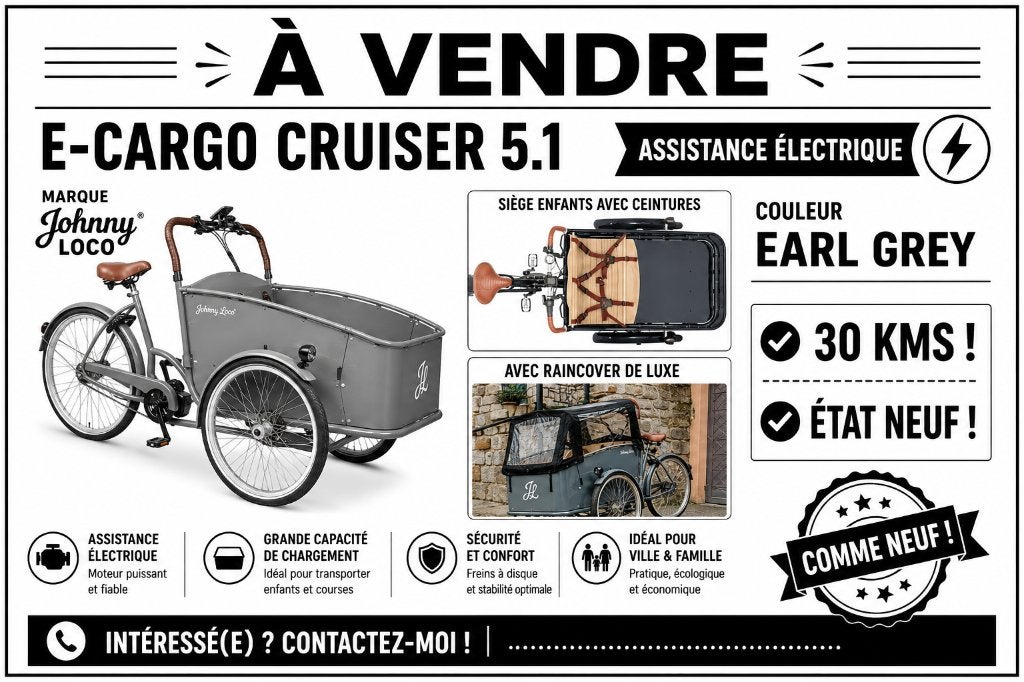 e-cargo cruiser 5.1 JOHNNY LOCO -17 KMS ! - ETAT NEUF, Électrique, Comme neuf, Enlèvement, 2 enfants