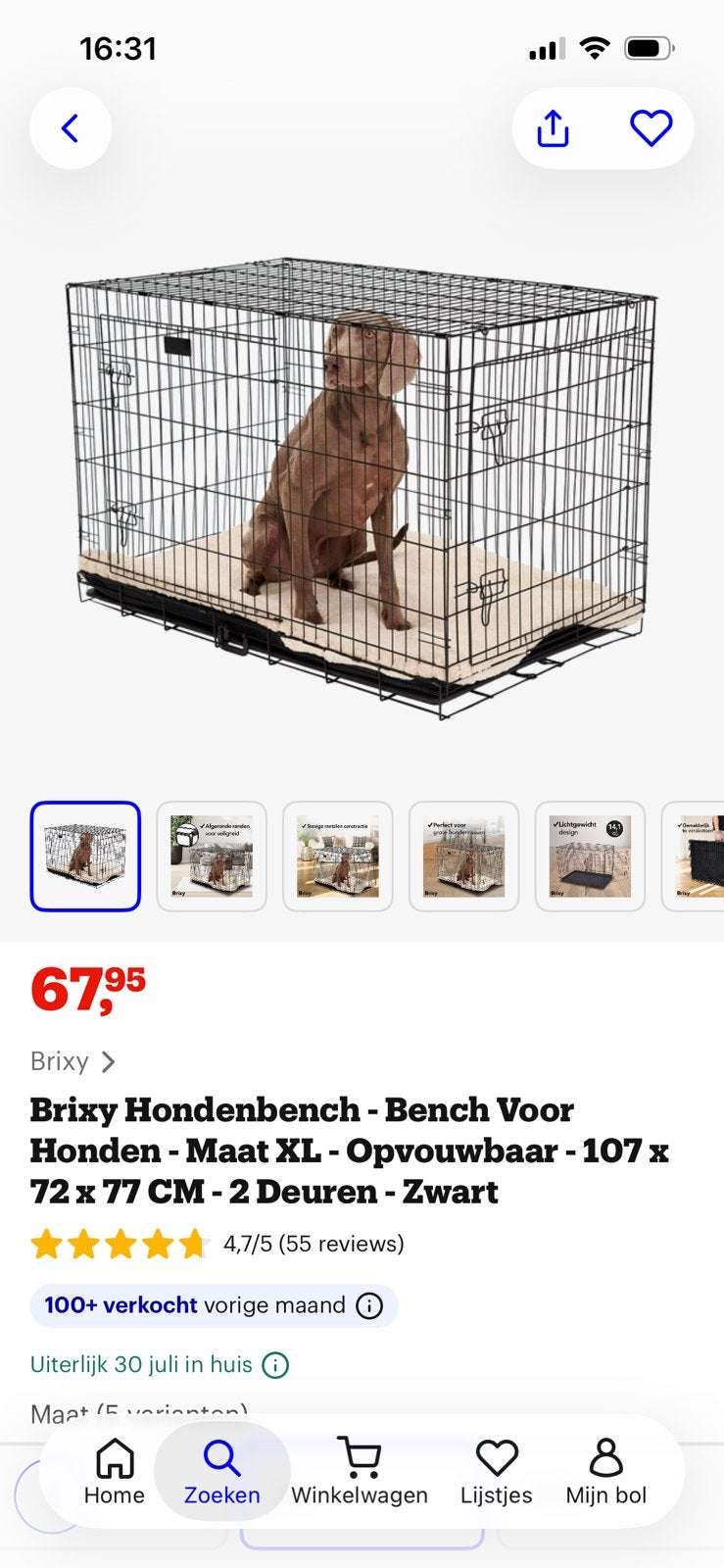Zwarte hondenbench xl 107cm x 77cm x 70cm, Dieren en Toebehoren, Ophalen, 65 tot 100 cm, Hondenhok, Zo goed als nieuw