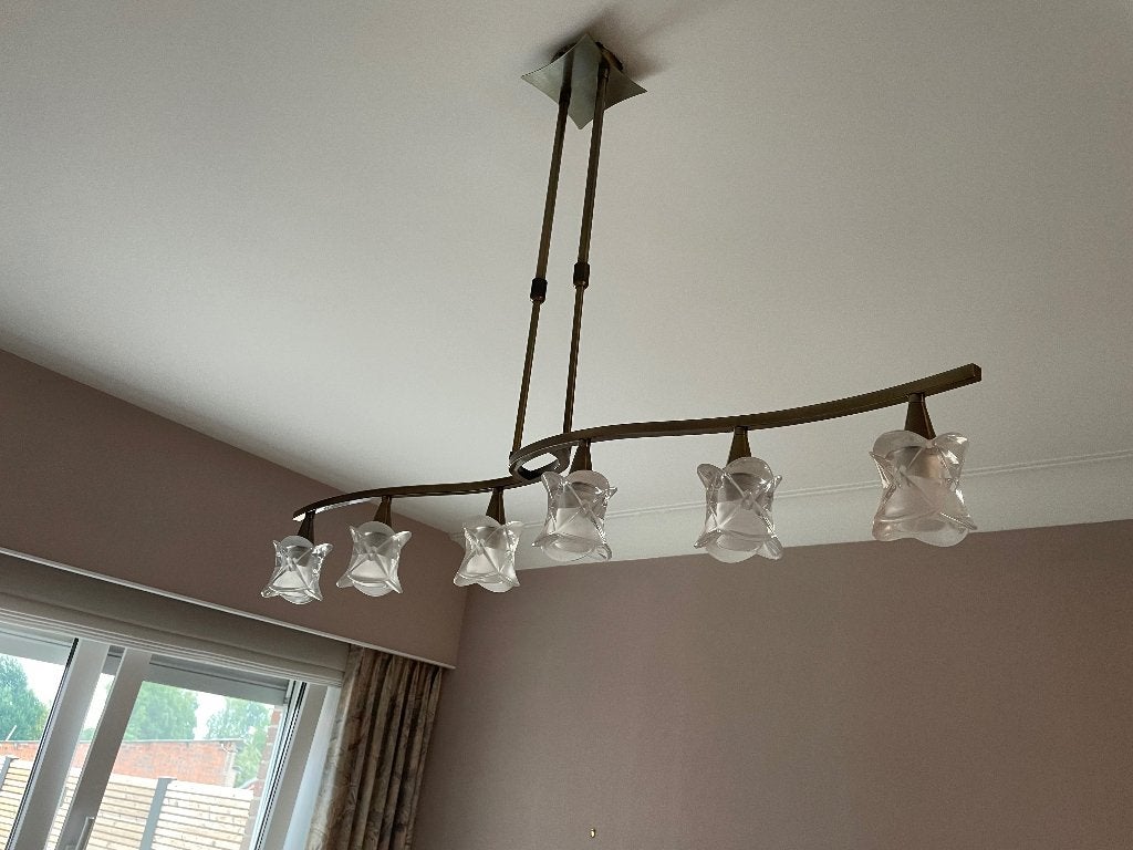 Moderne luster met 6 lampen, Ophalen, Zo goed als nieuw, Glas