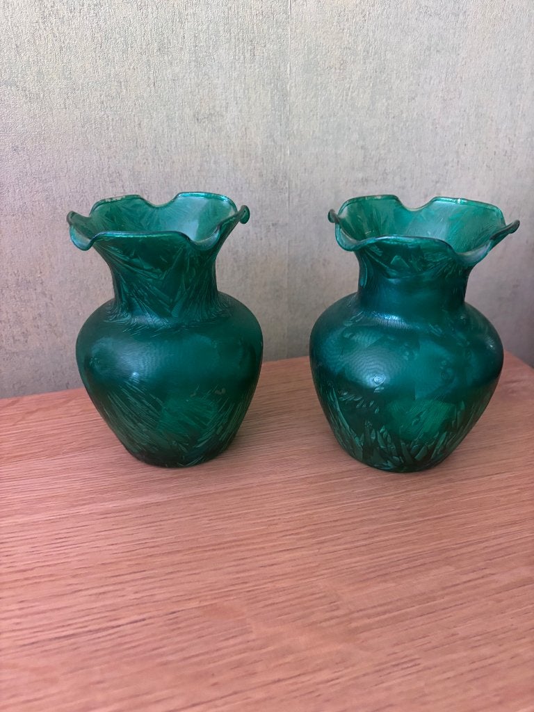 2 groene glazen vaasjes, Ophalen, Zo goed als nieuw, Groen, Glas