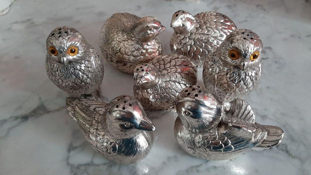 7 zilveren vogels zout, peper en mosterd (niet gebruikt), Huis en Inrichting, Keuken | Servies, Ophalen of Verzenden