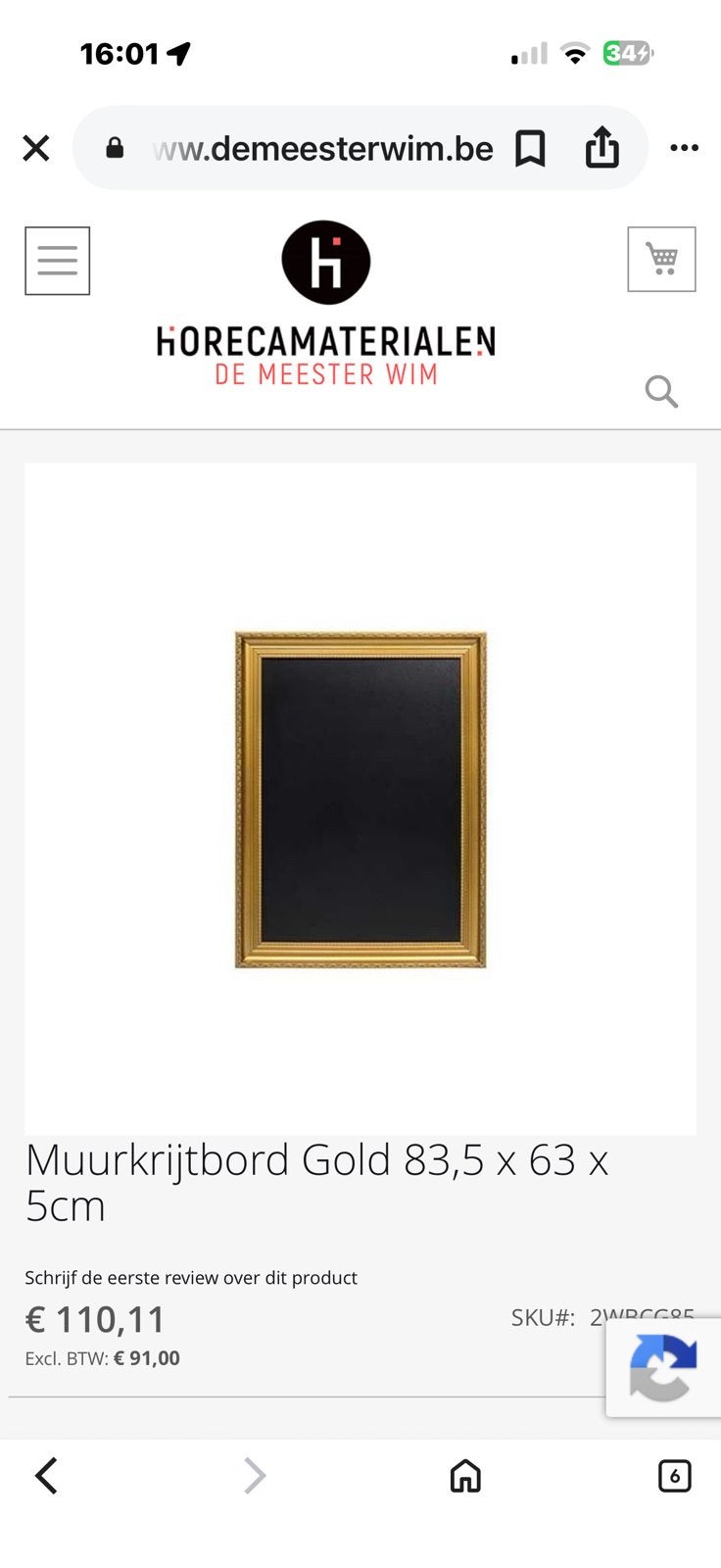 Horeca krijtbord in kader  1 m x72 cm, Ophalen