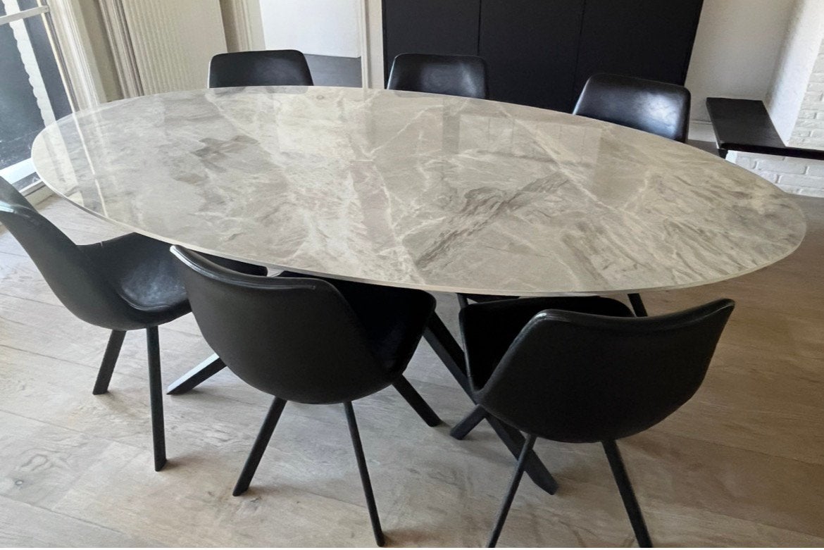 Tafel keramiek + 6 lederstoelen TOPSTAAT, Huis en Inrichting, Ophalen, Zo goed als nieuw