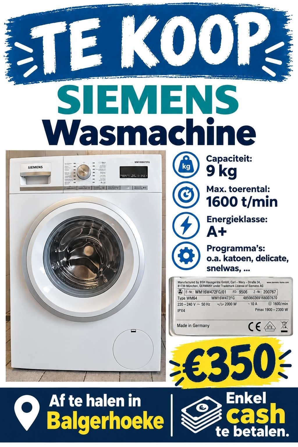 Siemens wasmachine, Electroménager, 1600 tours ou plus, Chargeur frontal, Enlèvement, Utilisé