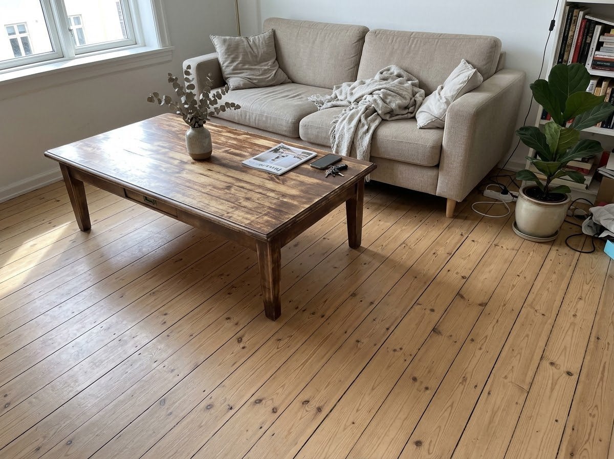 robuuste massiefhoute salontafel met lade(geschuurd,vernist), Maison & Meubles, Enlèvement, Utilisé, Beige