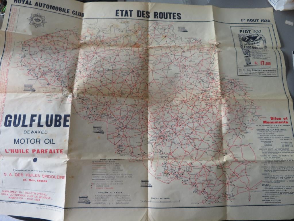 Royal Automobile Club 1936 poster staat der wegen Fiat Gulf, Verzamelen, Ophalen of Verzenden, Zo goed als nieuw, Auto's