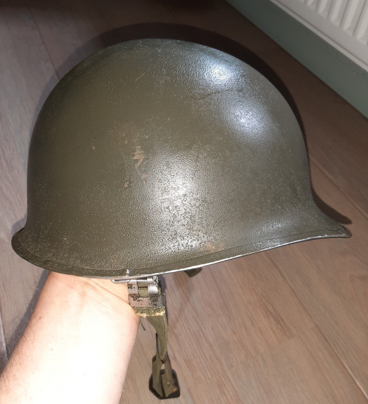 Ww2 u.s.army m1 helm, front seam, fixed bales, Verzamelen, Ophalen of Verzenden