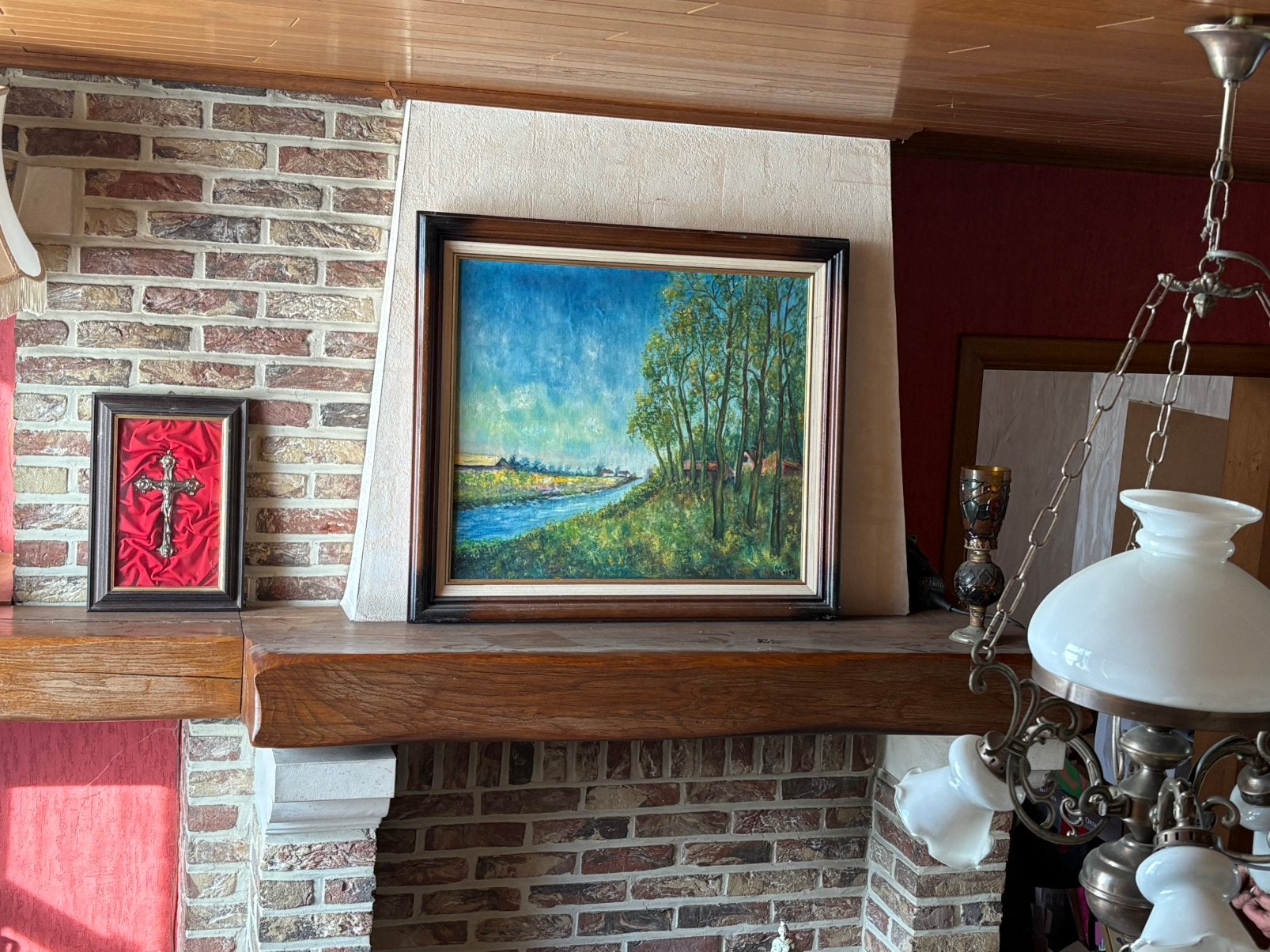 Schilderij landschap met kanaal en bomenrij, Ophalen
