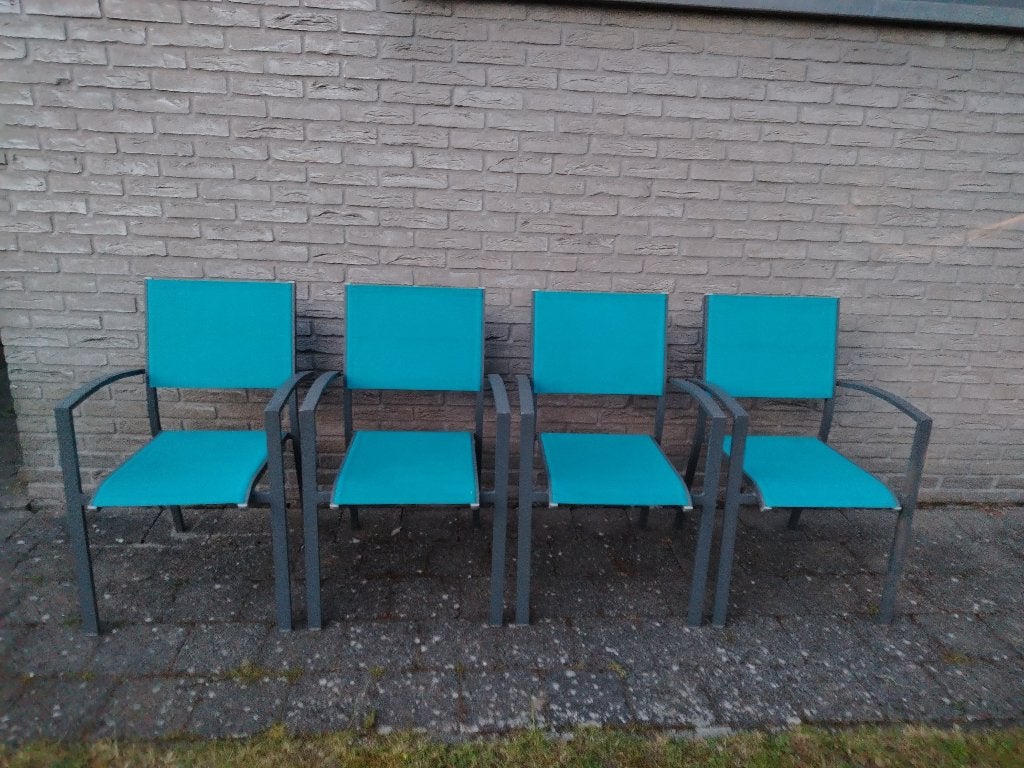 4 blauwe aluminium tuinstoelen, Tuin en Terras, Tuinstoelen, Ophalen, Gebruikt, Aluminium