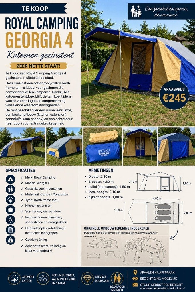 Tente familiale Royal Camping Georgia 4 en coton, Caravanes & Camping, Enlèvement, Utilisé, Jusqu'à 4