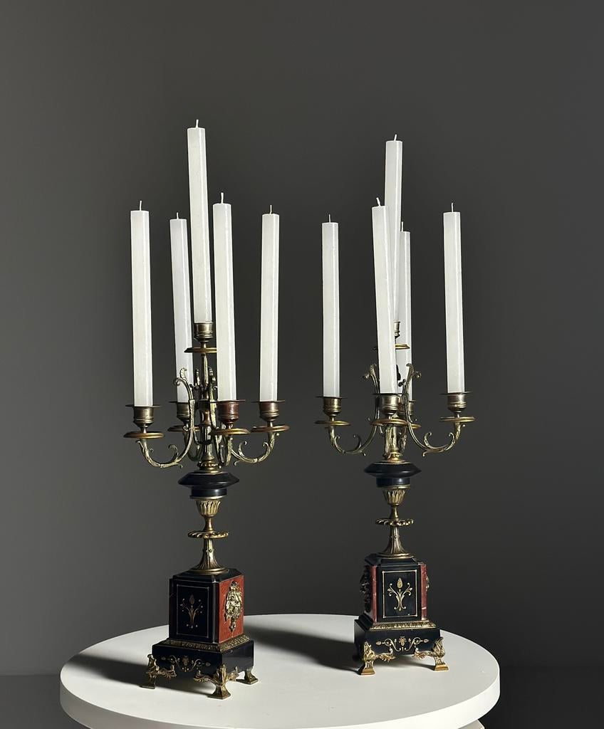 Antiek paar bronzen kandelaars met marmeren voet–ca. 18 / 19, Antiek en Kunst, Ophalen