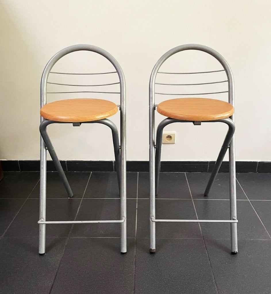 2 Barkrukken met rugleuning, Huis en Inrichting, Ophalen, Gebruikt, Met voetsteun, Hout