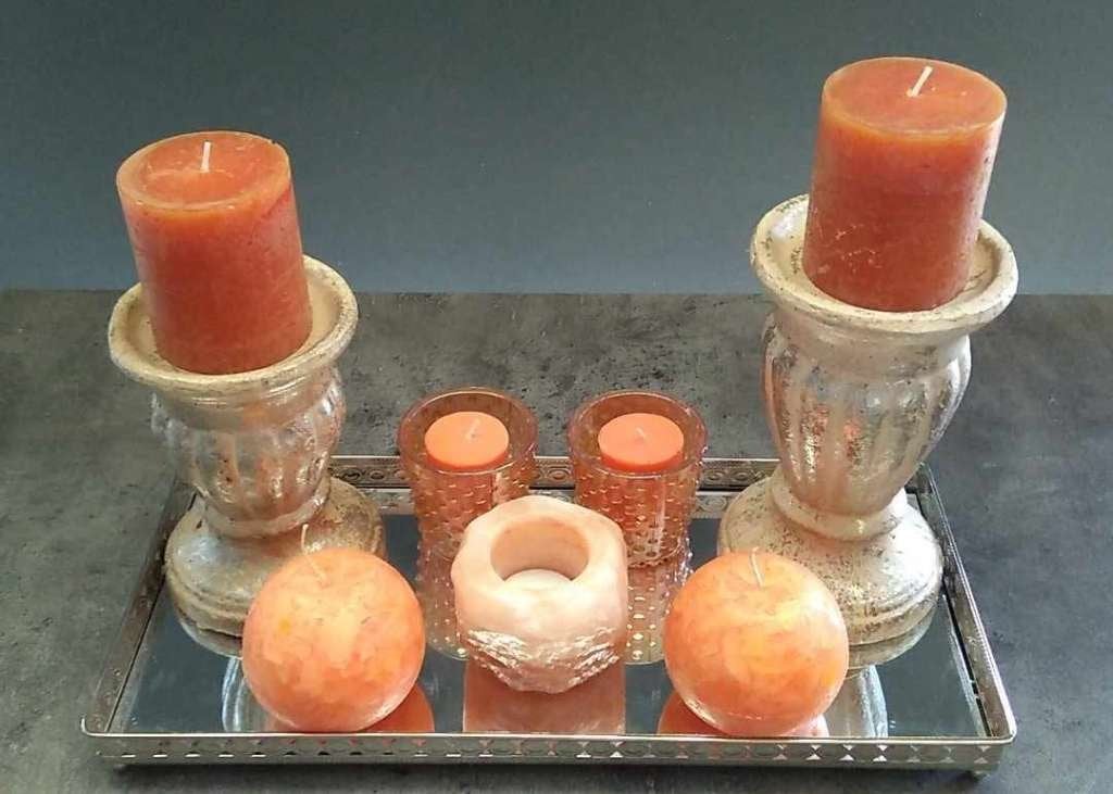 decoratie oranje met kaarsen op spiegel, Huis en Inrichting, Ophalen of Verzenden, Oranje