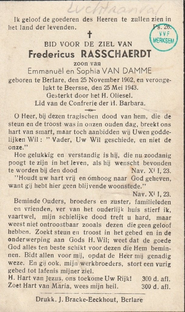 Oorlog 1940-45 Fredericus Rasschaerdt luchtaanval, Verzamelen, Ophalen of Verzenden