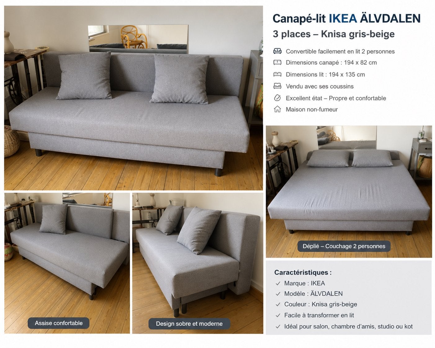 Canape convertible, Enlèvement, Comme neuf, Gris