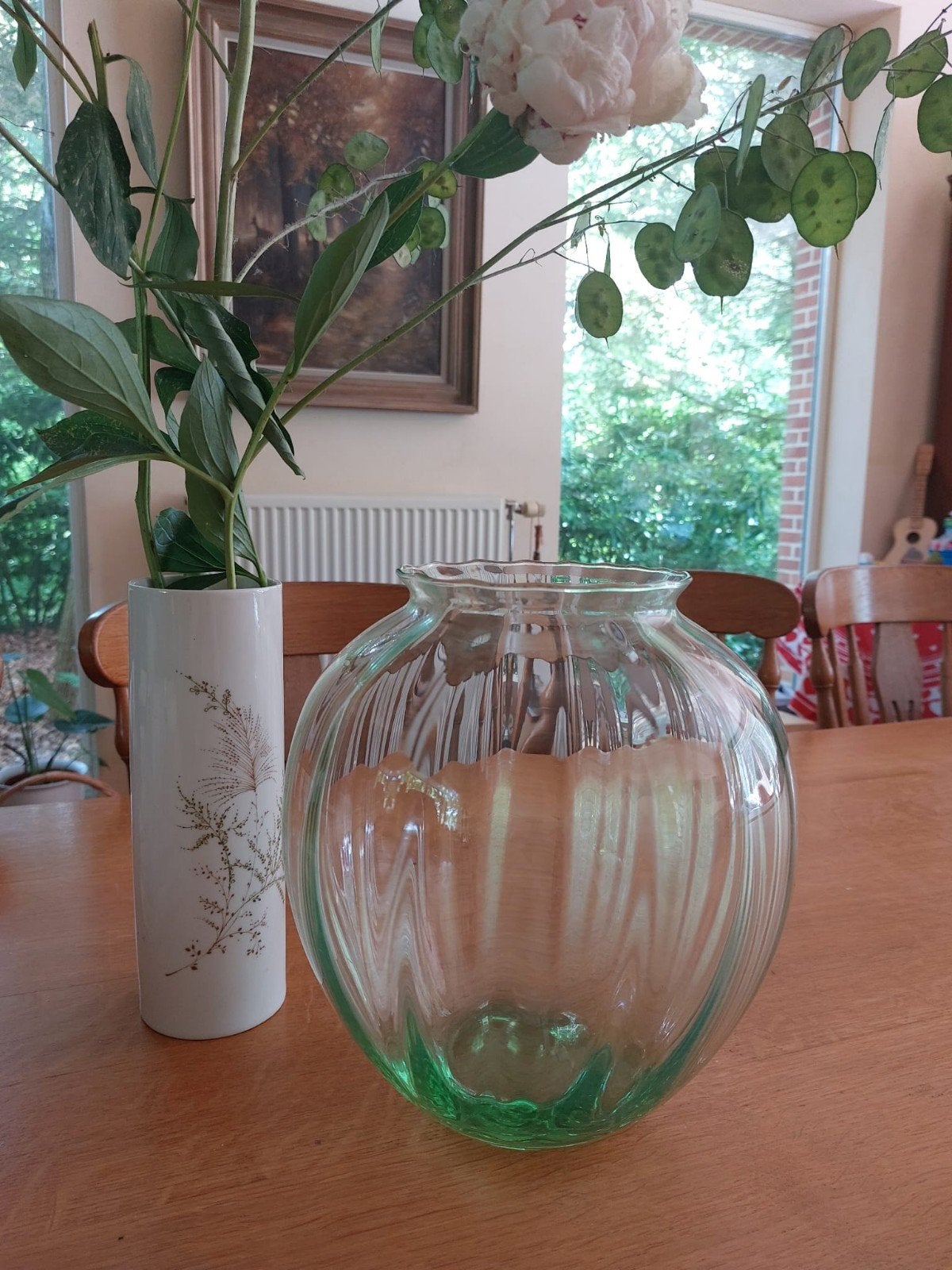 Glaskunst vaas/antiek/helder glas/met groen accent, Enlèvement ou Envoi, Vert, Verre