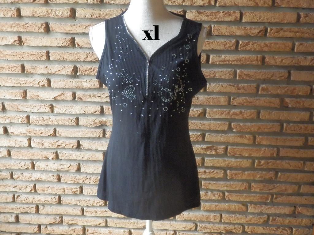 (87)- top femme t.42 noir argenté, Zwart, Maat 42/44 (L), Ophalen of Verzenden, Zonder mouw