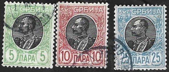 3 Postzegels Servië 1905 Koning Peter I, Ophalen of Verzenden, Overige landen, Gestempeld